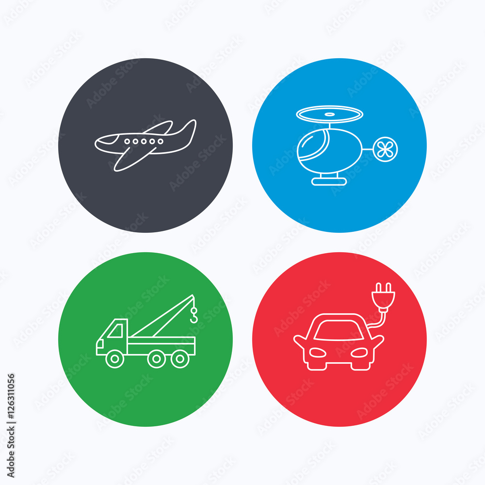 Electric car, airplane and helicopter icons. Evacuator linear sign. Linear icons on colored buttons. Flat web symbols. Vector Electric car, airplane and helicopter icons. Evacuator linear sign. Linear icons on colored buttons. Flat web symbols. Vector