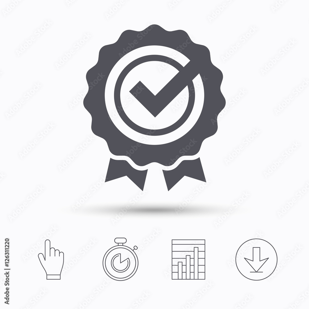 Award medal icon. Winner emblem with tick symbol. Stopwatch timer. Hand click, report chart and download arrow. Linear icons. Vector Award medal icon. Winner emblem with tick symbol. Stopwatch timer. Hand click, report chart and download arrow. Linear icons. Vector