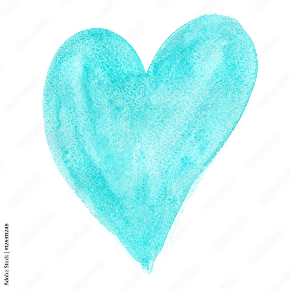 Big turquoise blue heart painted in watercolor on white isolated background