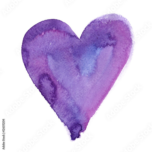 Big purple heart painted in watercolor on white isolated background