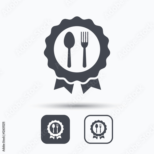 Award medal icon. Food winner emblem symbol. Fork and spoon signs. Square buttons with flat web icon on white background. Vector