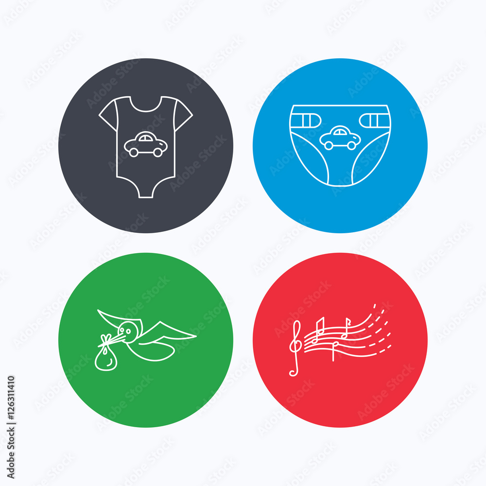 Diapers, newborn clothes and songs for kids icons. Stork with sack linear sign. Linear icons on colored buttons. Flat web symbols. Vector Diapers, newborn clothes and songs for kids icons. Stork with sack linear sign. Linear icons on colored buttons. Flat web symbols. Vector