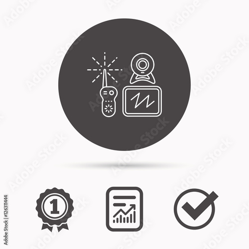 Baby monitor icon. Video nanny for newborn sign. Radio set with camera and tv symbol. Report document, winner award and tick. Round circle button with icon. Vector