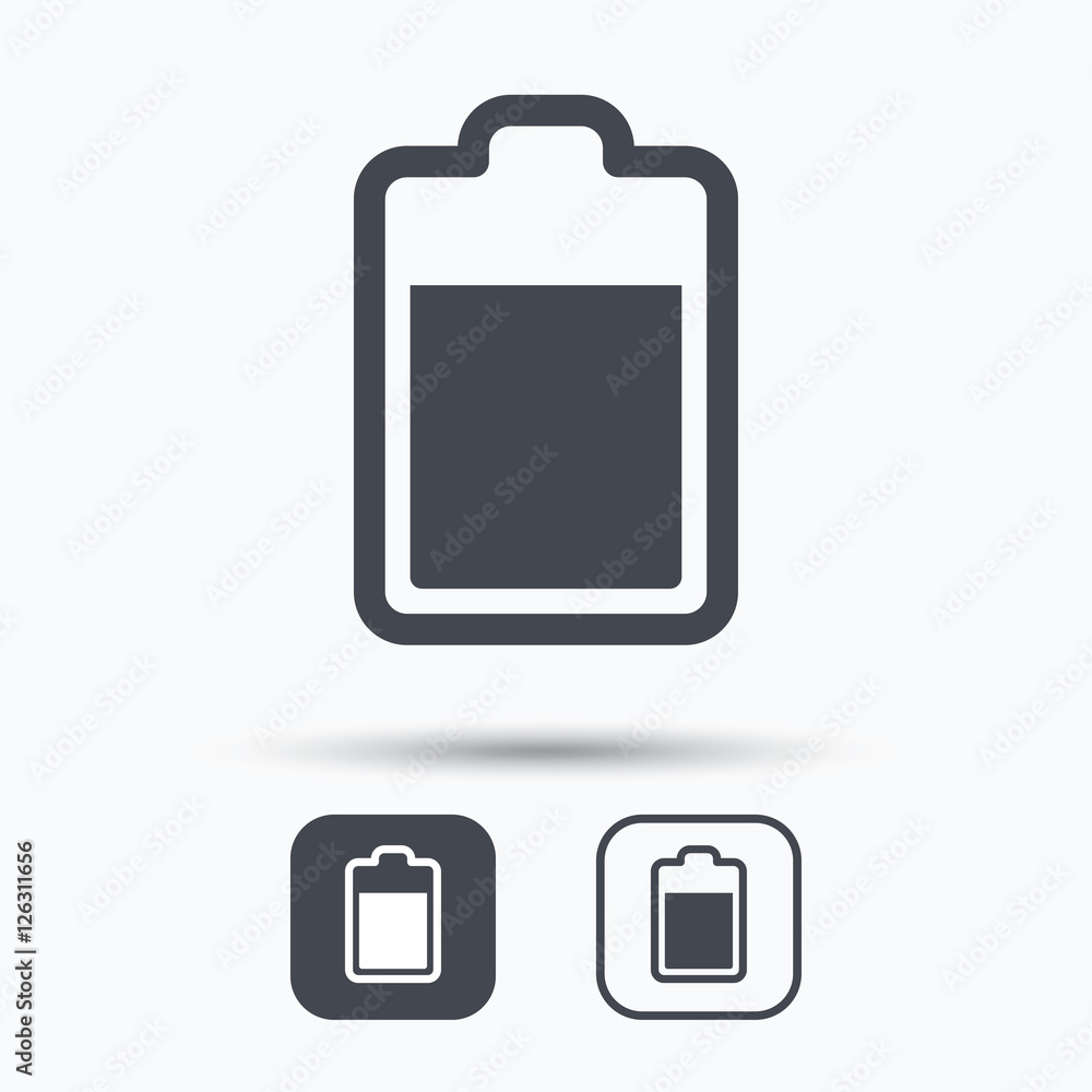 Battery power icon. Charging accumulator symbol. Square buttons with flat web icon on white background. Vector Battery power icon. Charging accumulator symbol. Square buttons with flat web icon on white background. Vector