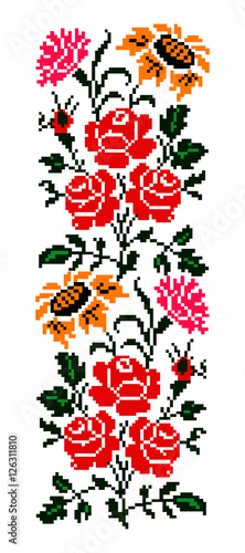 Color  bouquet of flowers (roses, cloves and sunflowers) using traditional Ukrainian embroidery elements. Border pattern. Can be used as pixel-art.