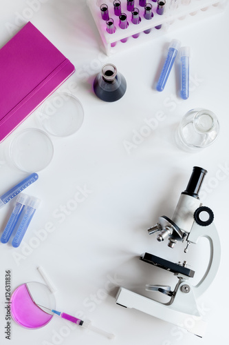 doctor workplace with microscope at lab top view
