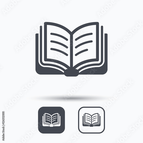 Book icon. Study literature sign. Education textbook symbol. Square buttons with flat web icon on white background. Vector