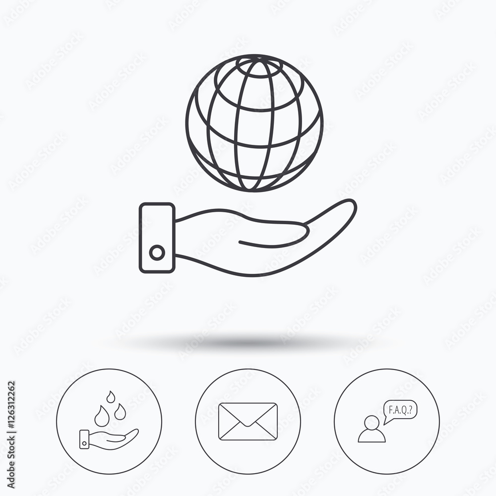 Mail, save water and faq speech bubble icons. Save planet linear sign. Linear icons in circle buttons. Flat web symbols. Vector Mail, save water and faq speech bubble icons. Save planet linear sign. Linear icons in circle buttons. Flat web symbols. Vector