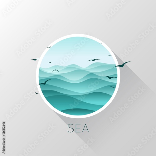 Sea icon. Waves and seagulls. Vector illustration.