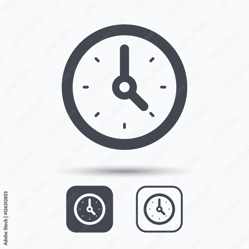 Clock icon. Mechanical watch symbol. Square buttons with flat web icon on white background. Vector Clock icon. Mechanical watch symbol. Square buttons with flat web icon on white background. Vector