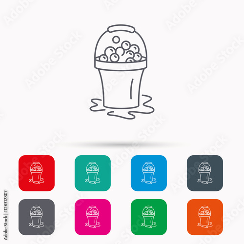 Soapy cleaning icon. Bucket with foam and bubbles sign. Linear icons in squares on white background. Flat web symbols. Vector