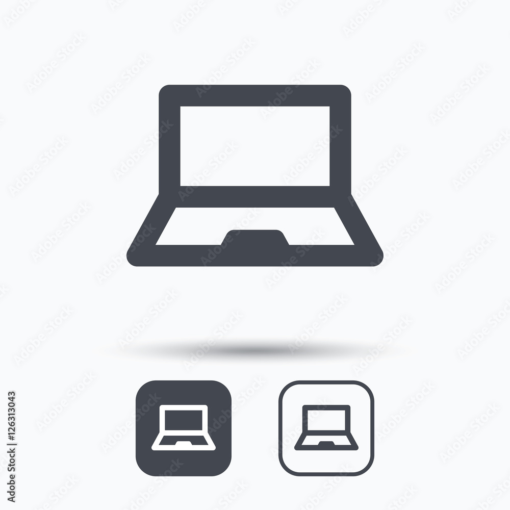 Computer icon. Notebook or laptop pc symbol. Square buttons with flat web icon on white background. Vector Computer icon. Notebook or laptop pc symbol. Square buttons with flat web icon on white background. Vector