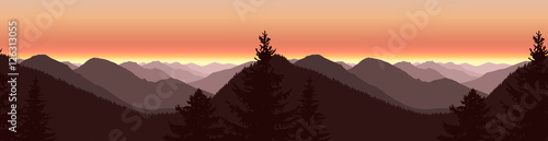 Image landscape. Panorama of autumn mountains. Violet shades.  Seamless woodland.