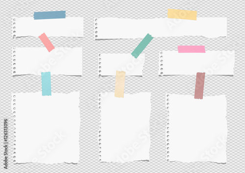 Pieces of white torn note, notebook paper sheets with colorful adhesive, sticky tape stuck on grey background