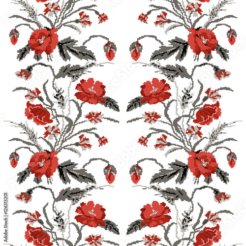 Fototapeta Naklejka Na Ścianę i Meble -  Color  bouquet of flowers (poppies,ears of wheat and cornflowers)red and grey tones. Ukrainian embroidery elements. Hand made. Seamless pattern. Can be used as pixel-art.