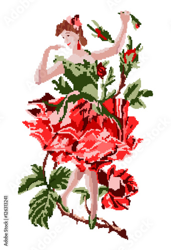 Image decor. Girl as flower rose dancing in a branch using traditional Ukrainian embroidery elements. Handmade. Can be used as pixel-art. Emblem. Logo. Symbol.