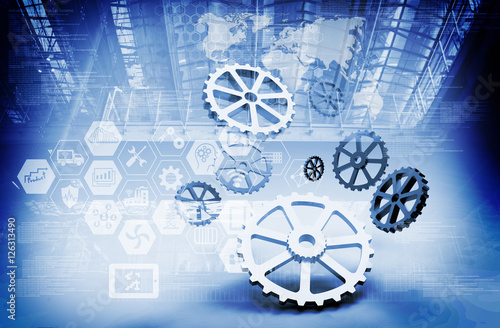 Industrial 4.0 Cyber Physical Systems concept . Gears , industry infographic icons with smart factory abstract background , 3d rendering, blue tone
