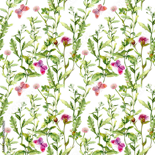 Spring meadow: grass, flowers with butterflies. Watercolor repeating pattern