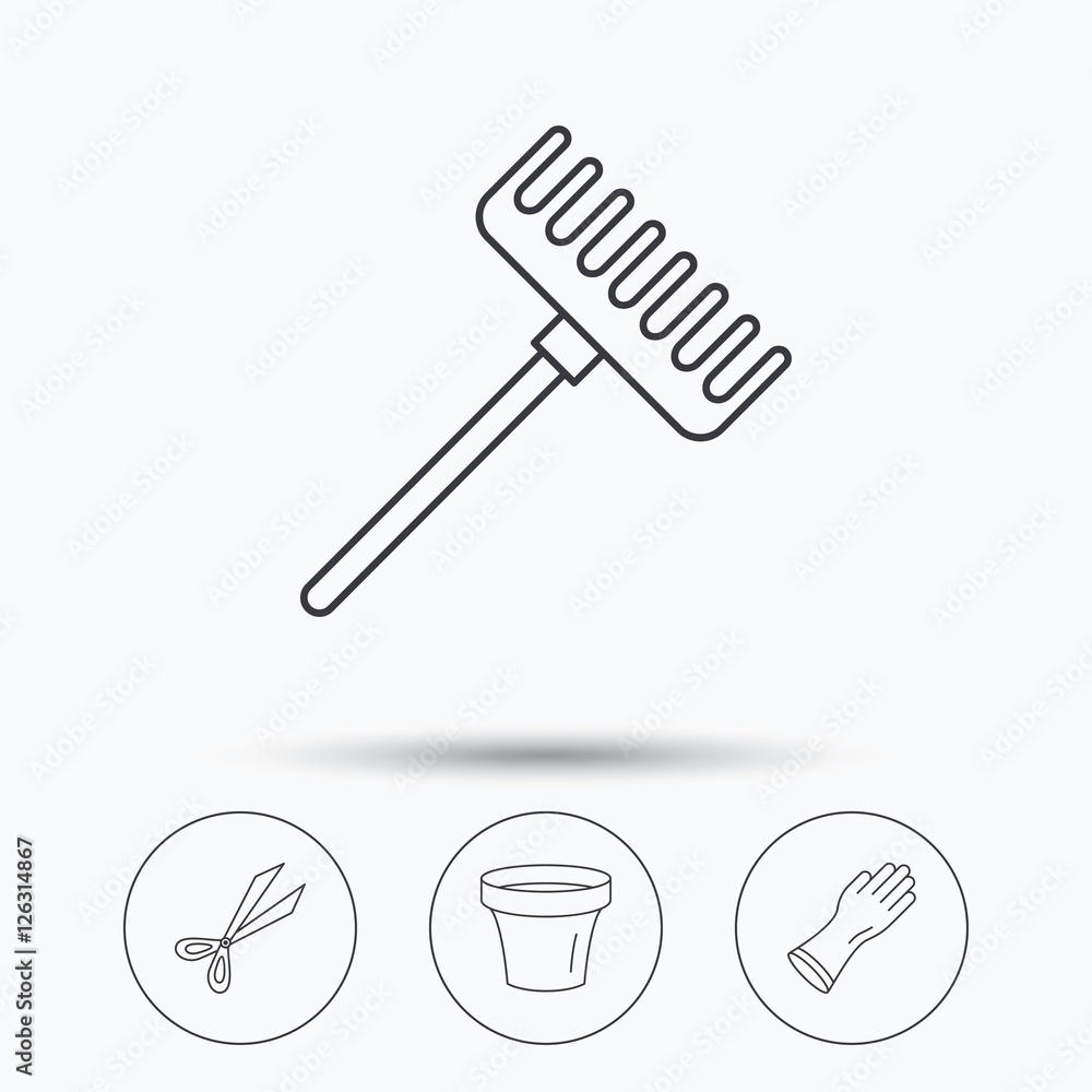 Gloves, scissors and pot icons. Rake linear sign. Linear icons in circle buttons. Flat web symbols. Vector Gloves, scissors and pot icons. Rake linear sign. Linear icons in circle buttons. Flat web symbols. Vector