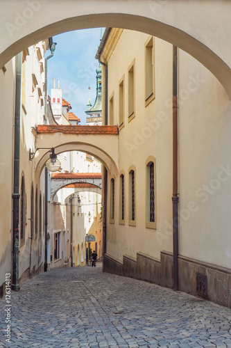 Narrow street in the old town of Olomouc, Czech Republic