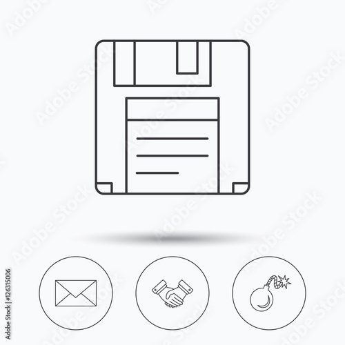 Mail, bomb and handshake icons. Floppy disk linear sign. Linear icons in circle buttons. Flat web symbols. Vector