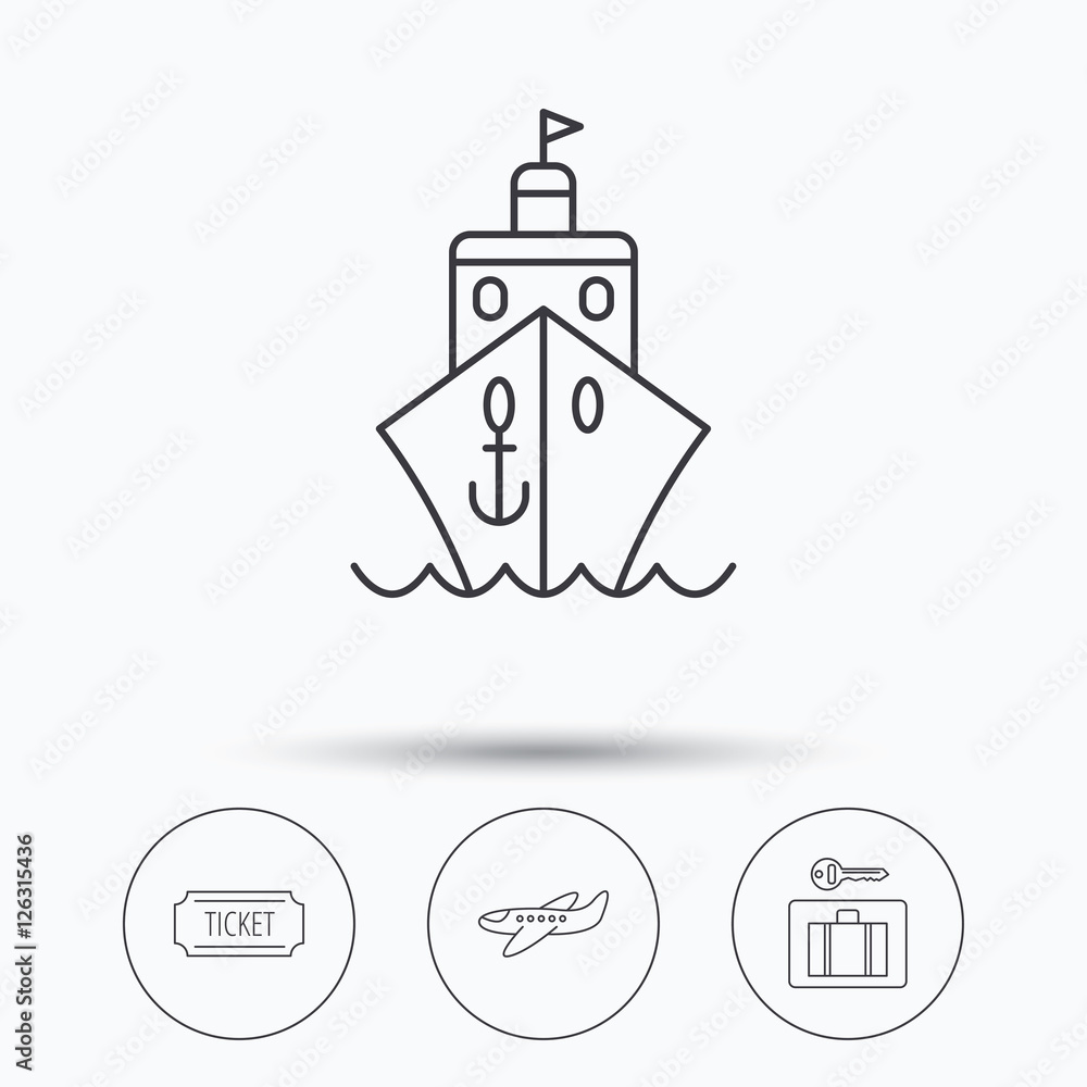 Naklejka premium Ticket, cruise ship and airplane icons. Luggage security linear sign. Linear icons in circle buttons. Flat web symbols. Vector