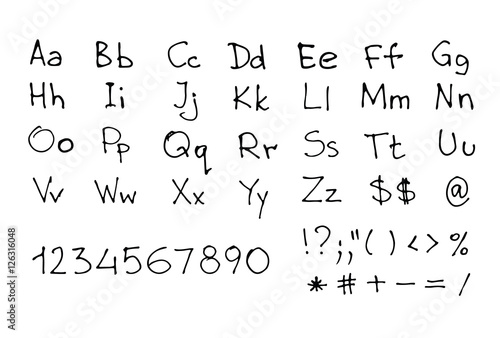 Hand written font. Sketchy english letters and numbers isolated on white. Vector eps8 illustration.