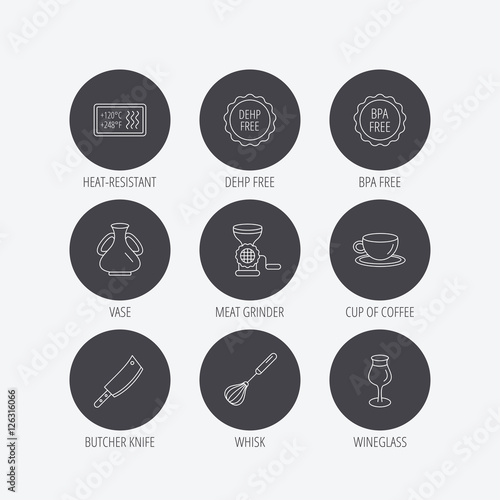 Coffee cup, butcher knife and wineglass icons. Meat grinder, whisk and vase linear signs. Heat-resistant, DEHP and BPA free icons. Linear icons in circle buttons. Flat web symbols. Vector photo