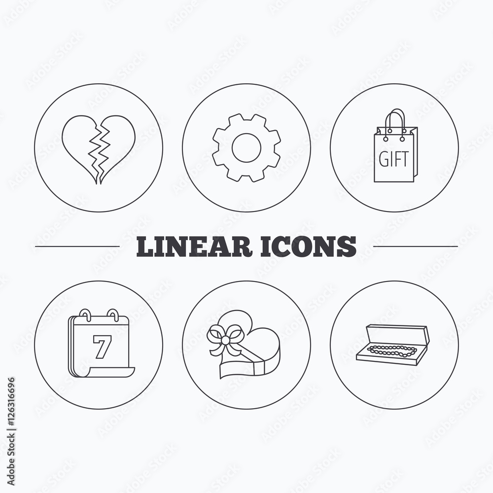 Broken heart, gift box and wedding jewelry icons. Box with jewelry linear sign. Flat cogwheel and calendar symbols. Linear icons in circle buttons. Vector Broken heart, gift box and wedding jewelry icons. Box with jewelry linear sign. Flat cogwheel and calendar symbols. Linear icons in circle buttons. Vector