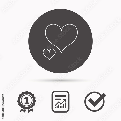 Love hearts icon. Lovers sign. Couple relationships. Report document, winner award and tick. Round circle button with icon. Vector