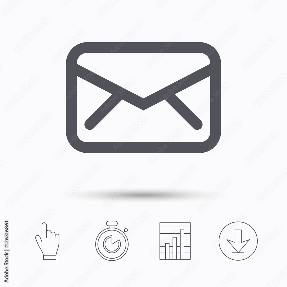 Envelope icon. Send email message sign. Internet mailing symbol. Stopwatch timer. Hand click, report chart and download arrow. Linear icons. Vector Envelope icon. Send email message sign. Internet mailing symbol. Stopwatch timer. Hand click, report chart and download arrow. Linear icons. Vector