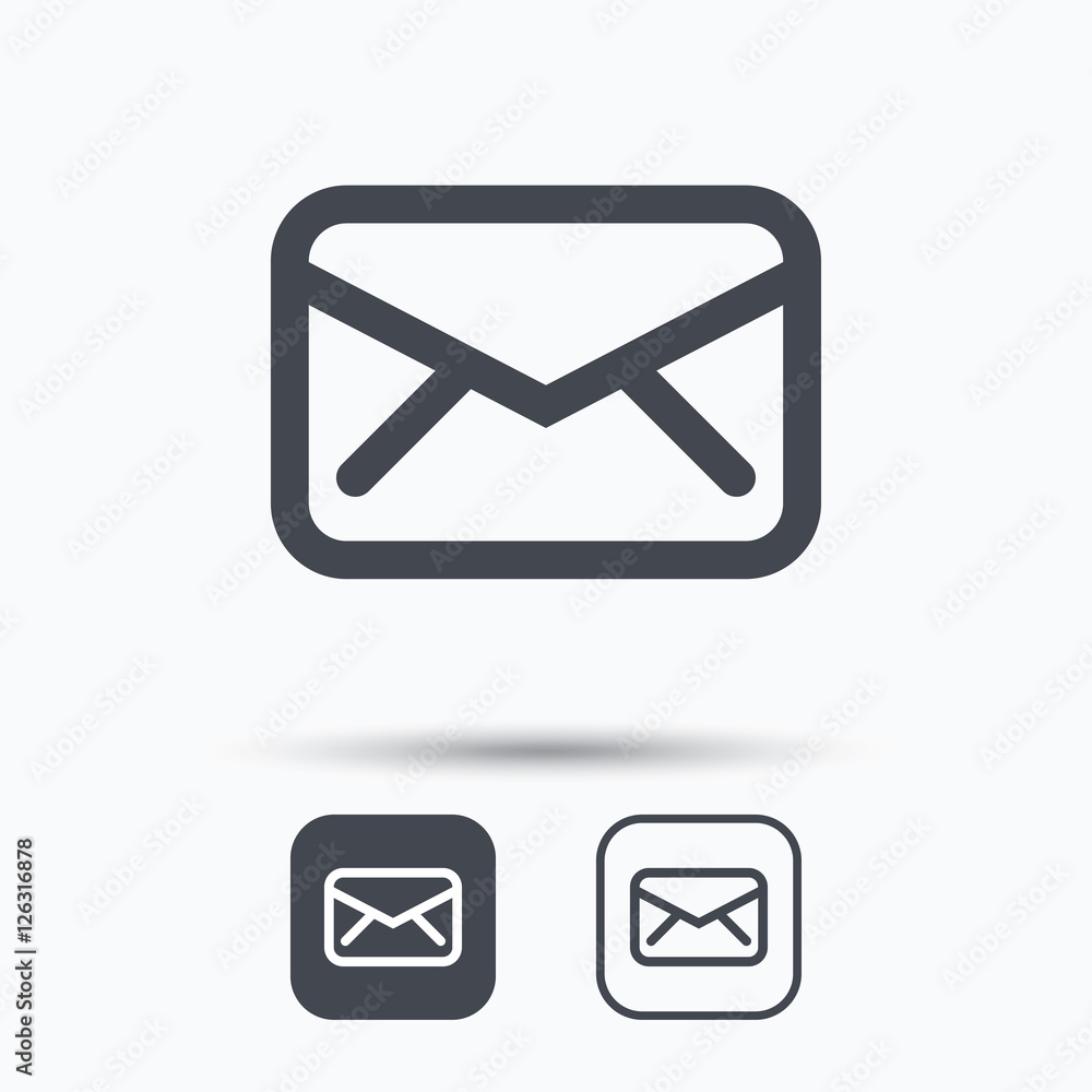 Envelope icon. Send email message sign. Internet mailing symbol. Square buttons with flat web icon on white background. Vector Envelope icon. Send email message sign. Internet mailing symbol. Square buttons with flat web icon on white background. Vector