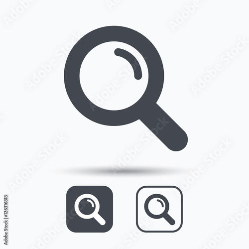 Magnifier icon. Search magnifying glass symbol. Square buttons with flat web icon on white background. Vector