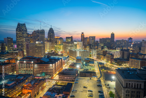 Aerial view of downtown Detroit at twilight