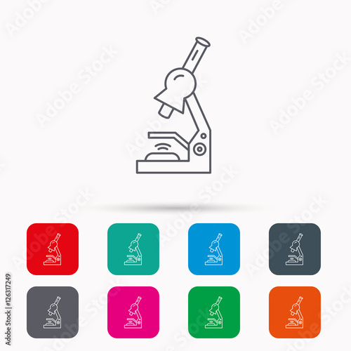 Microscope icon. Medical laboratory equipment sign. Pathology or scientific symbol. Linear icons in squares on white background. Flat web symbols. Vector