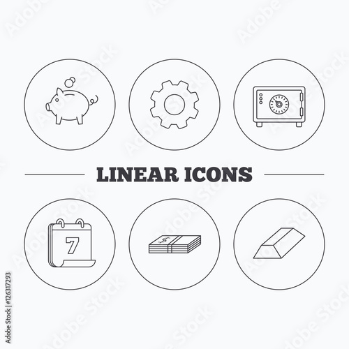 Piggy bank, cash money and safe icons. Gold bar linear sign. Flat cogwheel and calendar symbols. Linear icons in circle buttons. Vector