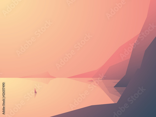 Ocean coast vector illustration with sea view and high rock cliffs. Sailboat or yacht on the water. Nature outdoor background. photo