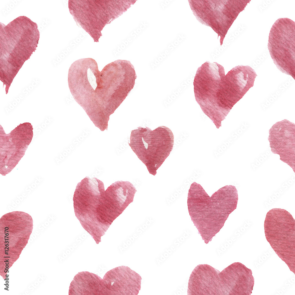 Watercolor hand-drawn pattern with hearts. For design, background and textile.