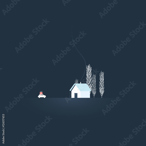 Driving home for Christmas card vector concept with minimalistic car, present and house in winter landscape.