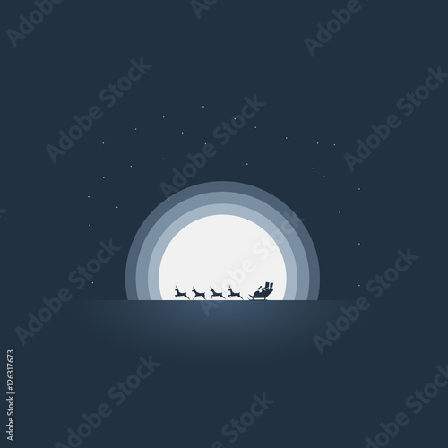 Santa Claus riding his sleigh christmas card vector template. Reindeer pulling sledge at hight speed against the moonlight.