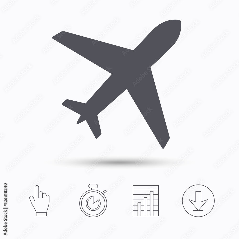 Plane icon. Flight transport symbol. Stopwatch timer. Hand click, report chart and download arrow. Linear icons. Vector