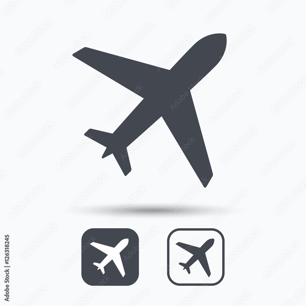 Plane icon. Flight transport symbol. Square buttons with flat web icon on white background. Vector
