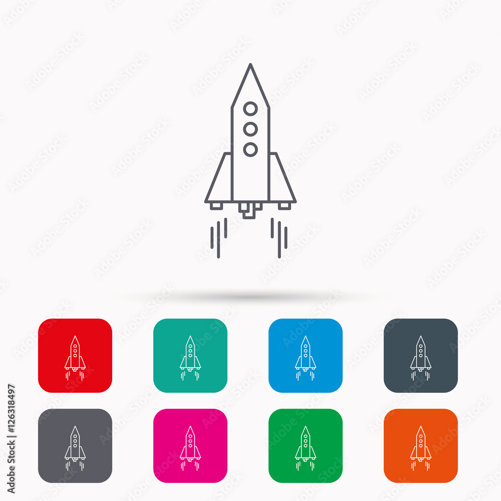 Rocket icon. Startup business sign. Spaceship shuttle symbol. Linear icons in squares on white background. Flat web symbols. Vector Rocket icon. Startup business sign. Spaceship shuttle symbol. Linear icons in squares on white background. Flat web symbols. Vector