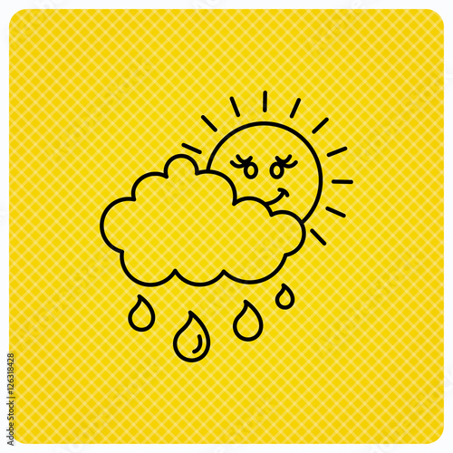 Rain and sun icon. Water drops and cloud sign. Rainy overcast day symbol. Linear icon on orange background. Vector