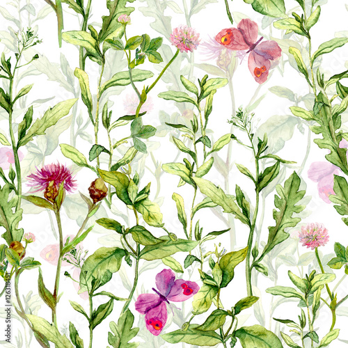 Obraz na płótnie Wiosenny ogród: trawa, kwiaty, motyle. Vintage akwarela. Bezszwowy wzór