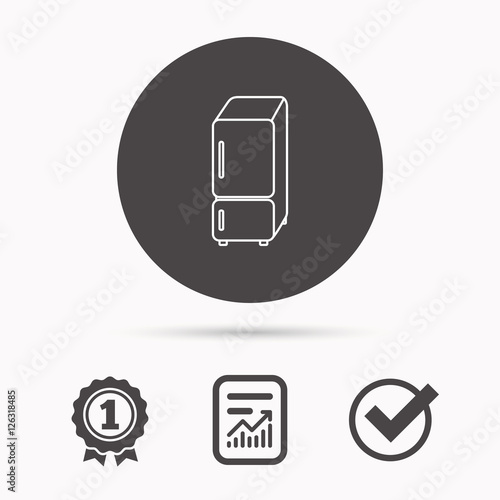 Refrigerator icon. Fridge sign. Report document, winner award and tick. Round circle button with icon. Vector
