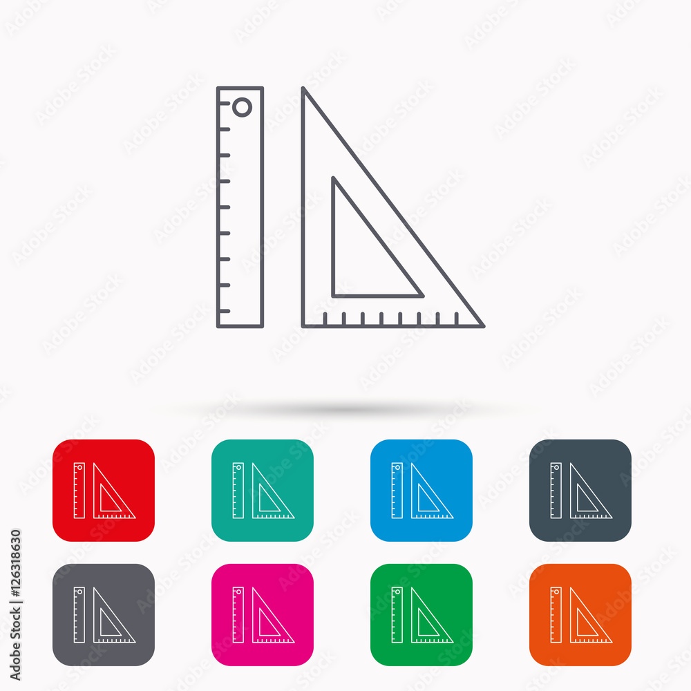 Triangular ruler icon. Geometric school supplies symbol. Linear icons in squares on white background. Flat web symbols. Vector Triangular ruler icon. Geometric school supplies symbol. Linear icons in squares on white background. Flat web symbols. Vector
