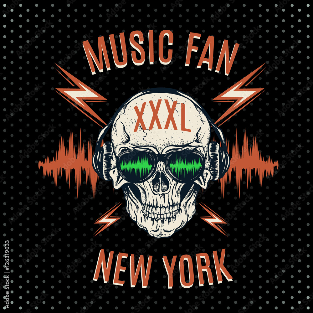 Fototapeta premium Skull listening to music on headphones
