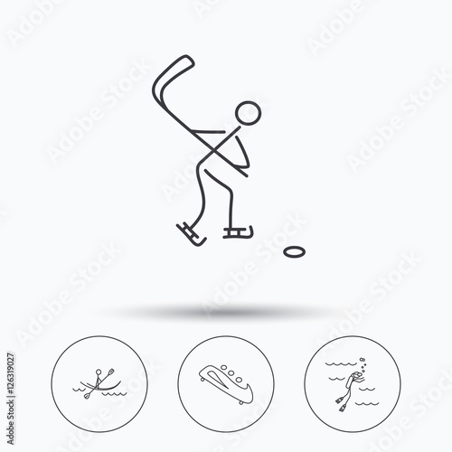 Ice hockey, diving and kayaking icons. Bobsled linear sign. Linear icons in circle buttons. Flat web symbols. Vector