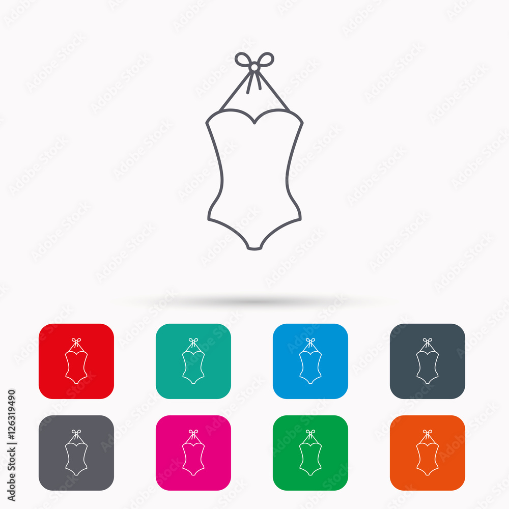 Swimsuit icon. Women swimwear sign. Linear icons in squares on white background. Flat web symbols. Vector Swimsuit icon. Women swimwear sign. Linear icons in squares on white background. Flat web symbols. Vector